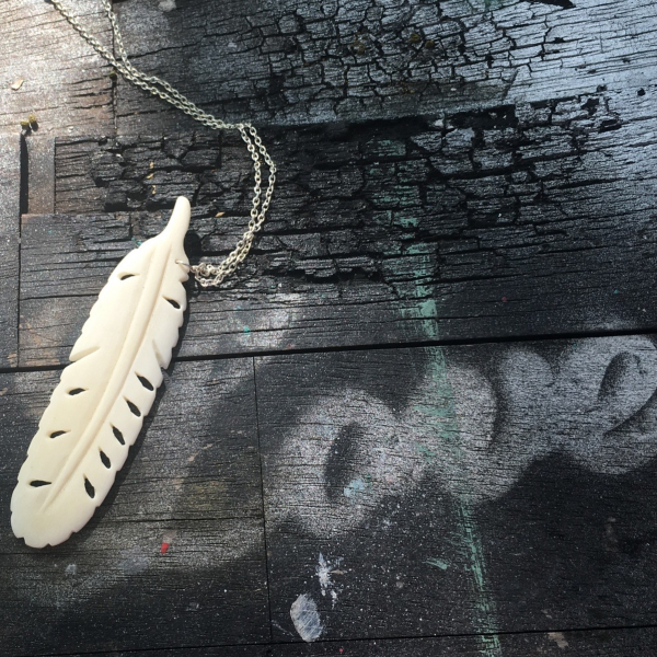 Hand carved ox bone long white feather pendant necklace
