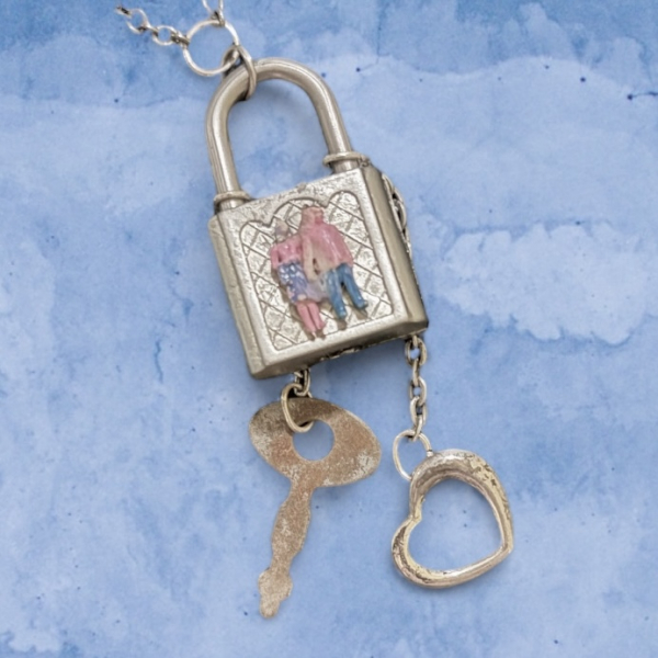 Small vintage padlock with key, sterling silver heart, & tiny couple