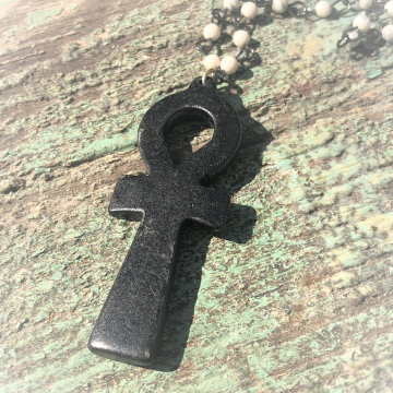 Stained hand carved ox bone ankh symbol pendant necklace